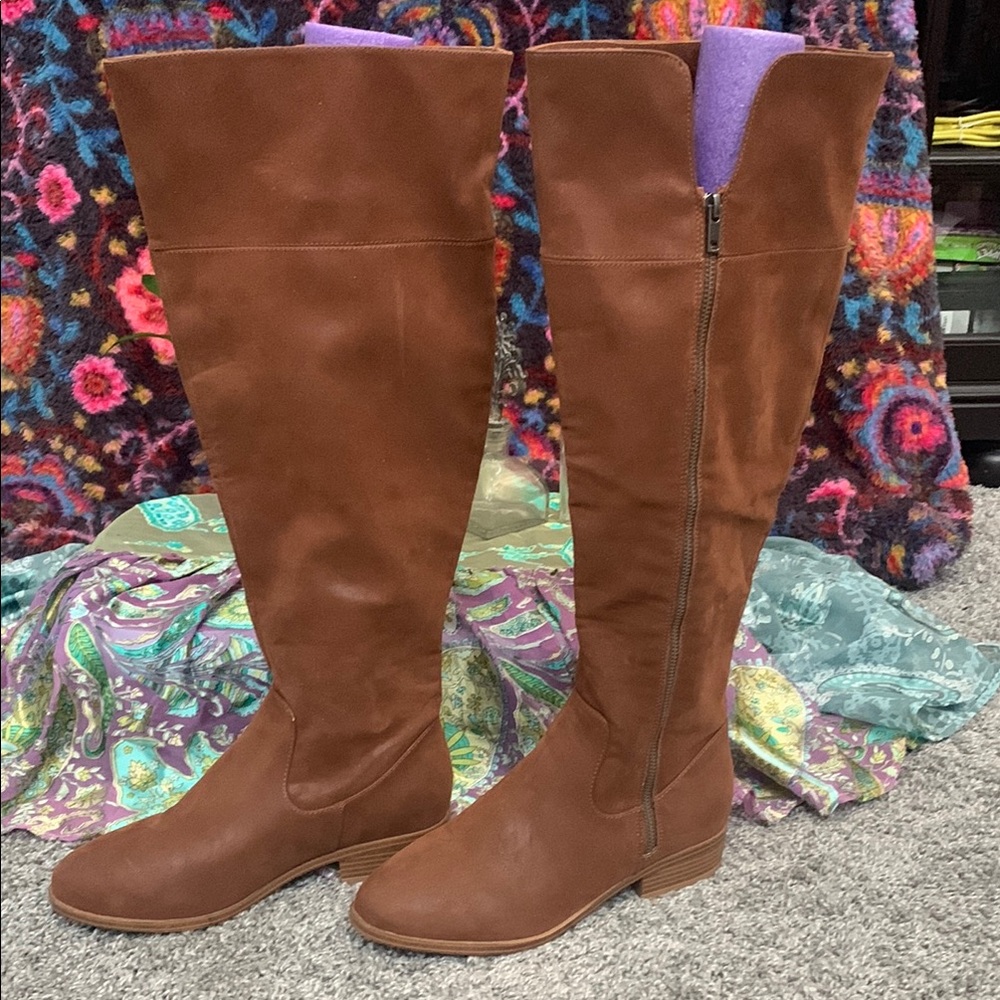 Brown Over the Knee Suede Boots with Zipper